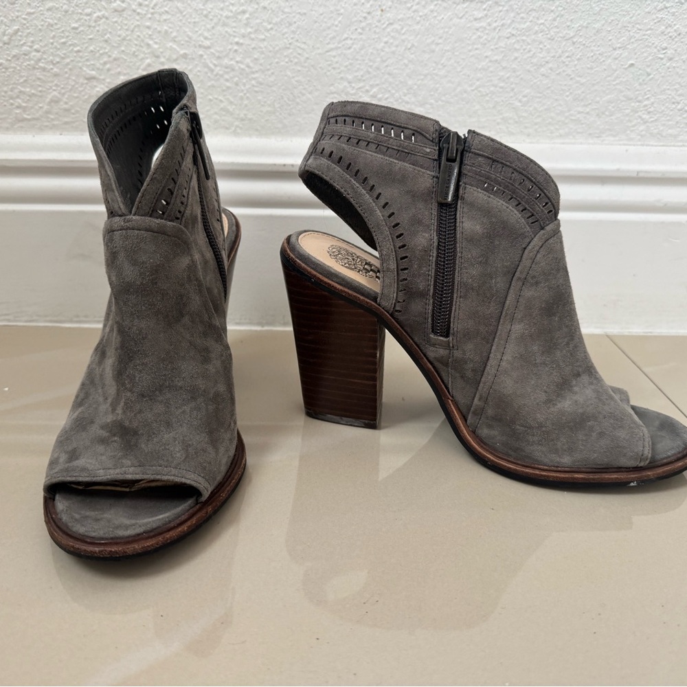 Vince Camuto Gray “Koral” Perforated Open Toe Heeled Bootie